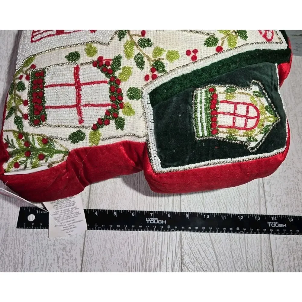 Christmas Gingerbread House Beaded Pillow NWT Red Green White Holiday Novogratz